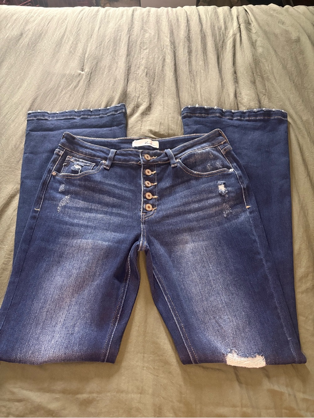 KanCan Dark Blue Distressed Boot Cut Jeans with Button Fly